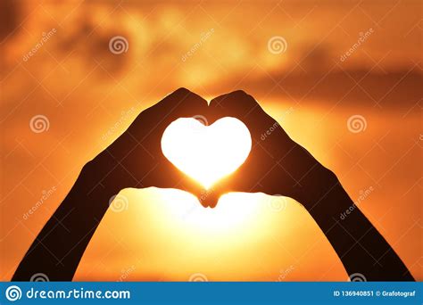 Silhouette Hand Heart At Sunrise And Sunset Stock Image Image Of