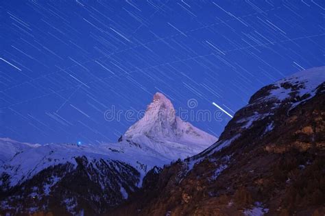 Beautiful Star Trails Over The Famous Mountain Matterhorn At Sunrise