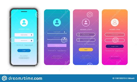 Vector Login Form Page Template Set On Trendy Gradient Background Stock