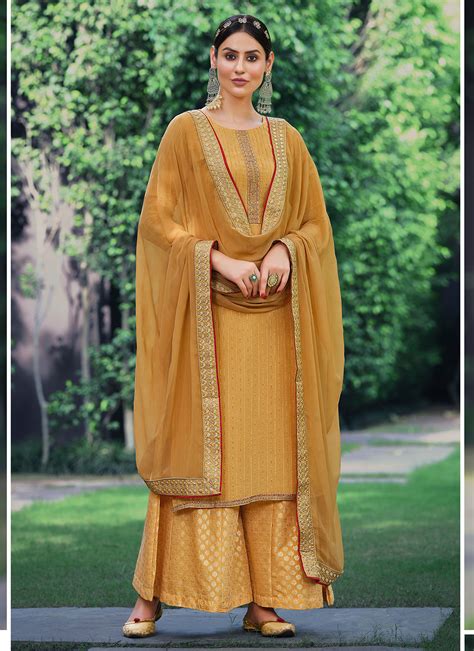 Buy Online Designer Pakistani Suit Embroidered Faux Georgette In Mustard 216069