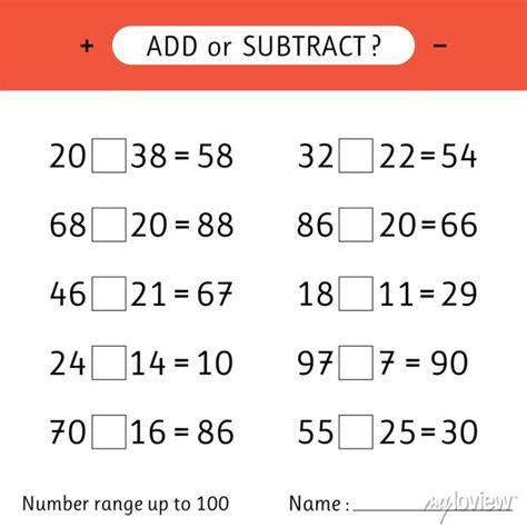 Add Or Subtract Number Range Up To 100 Mathematical Exercises