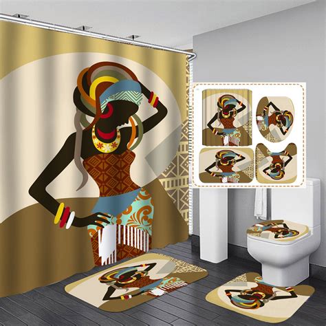 African Women Shower Curtain Set 4 Pcs Beauty Dress Ethnic Bathroom Decor Gojeek