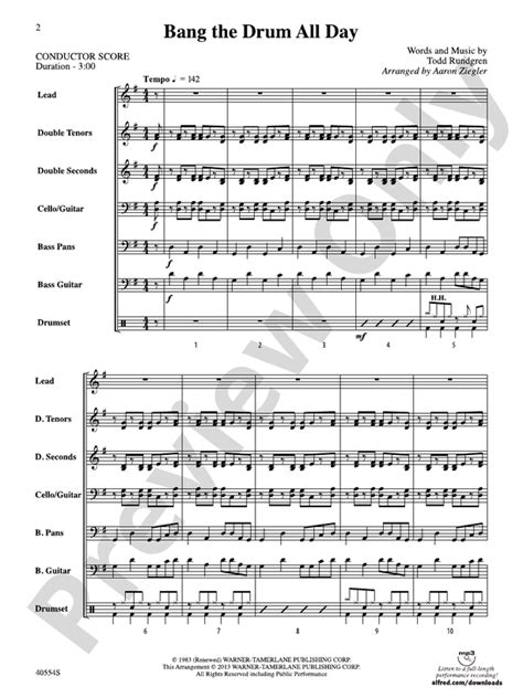 Bang The Drum All Day Steel Drum Conductor Score And Parts Todd Rundgren Digital Sheet Music