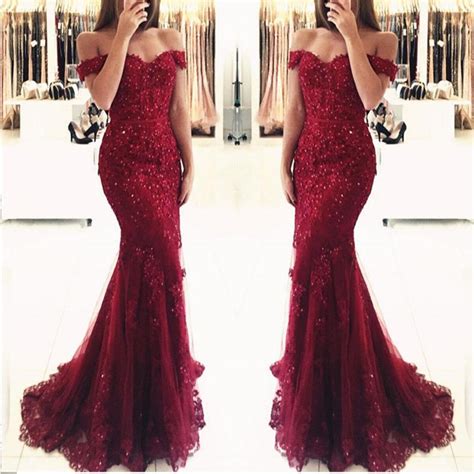 off shoulder dark red lace beaded mermaid evening prom dresses popular 2018 party prom dresses