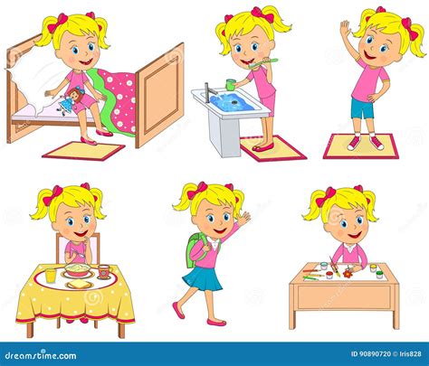 Kids Daily Routine Actions Cute Little Girl Combing Her Short