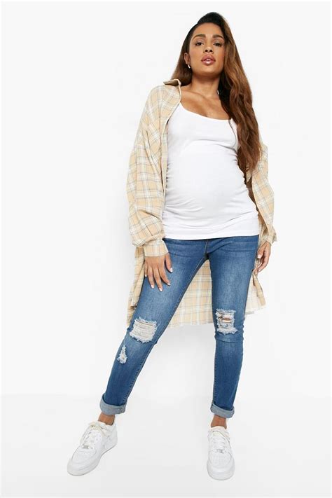 Women S Maternity Over The Bump Rip Skinny Jeans Boohoo Uk