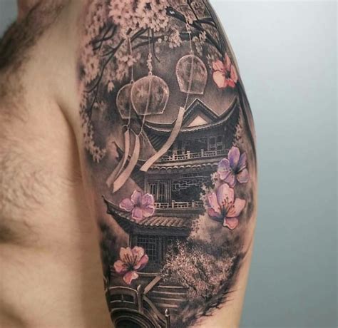 Amazing Japanese Temple With Cherry Blosoms Japanese Tattoo Temple