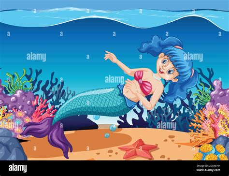 Cute Mermaids Cartoon Character Cartoon Style On Under Sea Background