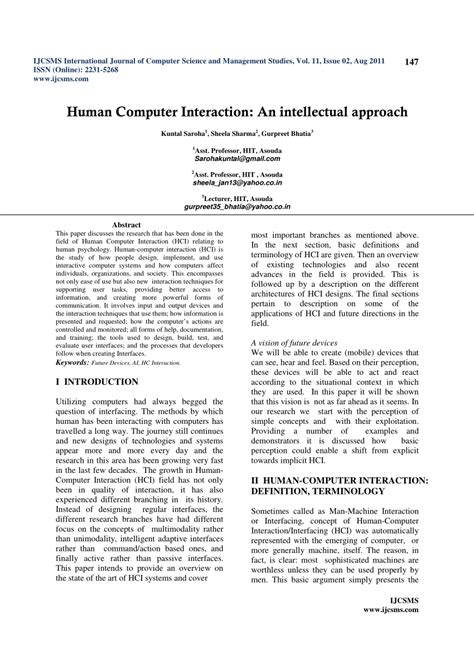 Pdf Human Computer Interaction An Intellectual Approach