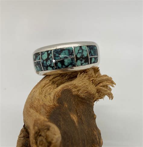 Wide Mens Sterling Silver Ring With Turquoise Inlay Etsy