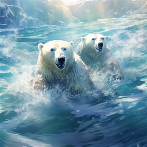 Polar Bear Swimming In Water Two Bears Playing On Drifting Ice With
