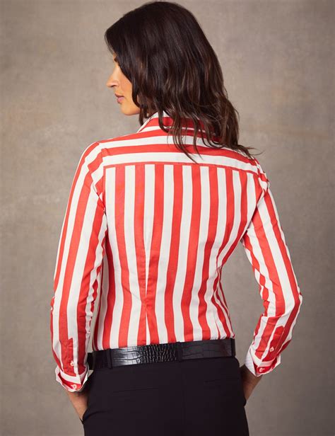 Womens White And Red Wide Stripe Fitted Shirt With Contrast Collar