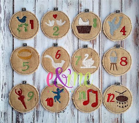 12 Days Of Christmas Ornament Set Ornament Embroidery Design Etsy