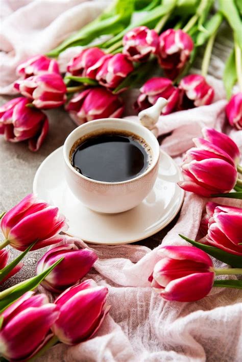 Cup Of Coffee And Tulips Stock Image Image Of Birthday 141934679