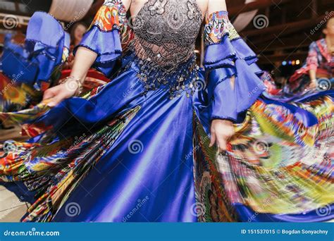 Beautiful Gypsy Girls Dancing In Traditional Colorful Clothing Roma Gypsy Festival Stock Image