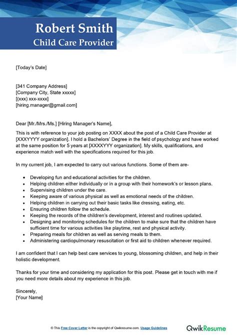 Child Caregiver Cover Letter Sample