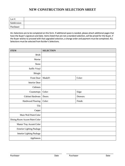 New Construction Selection Sheet Template Fill Out And Sign Online Dochub