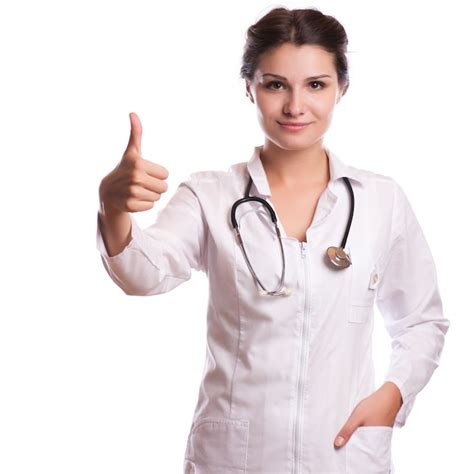 Premium Photo Portrait Of Happy Smiling Young Female Doctor Showing