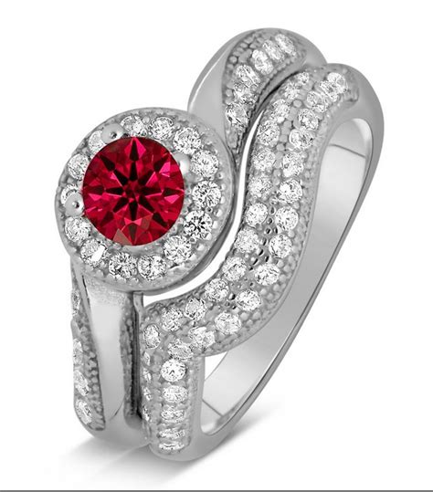 Antique Designer 2 Carat Red Ruby And Diamond Bridal Ring Set For Her