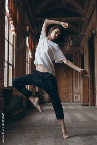 Full Height Of Barefoot Skinny Dancer In Long Theatre Corridor Dynamic