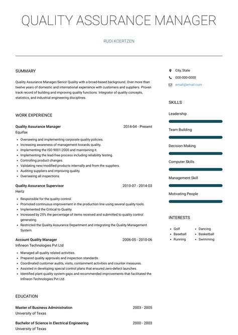 Professionally written and designed resume samples and resume examples. Quality Assurance Manager - Resume Samples and Templates | VisualCV