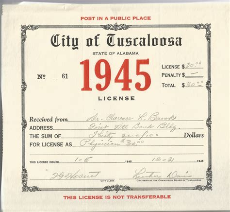 1945 City Of Tuscaloosa Alabama Business License