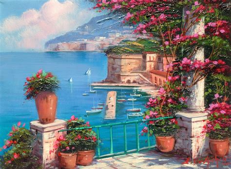 Italian Painting Sorrento Flowered Seaside Panorama Original