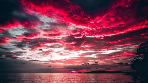 Download 2560x1440 Wallpaper Sea Sunset Red Clouds