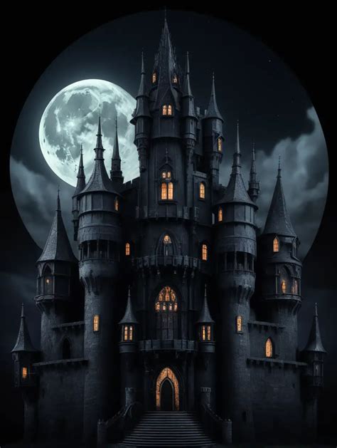 Nocturnal Elegance Gothic Castle With Circular Spires In Black Muse Ai
