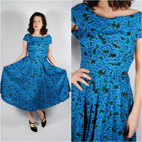 1950s Silk Dress 50s Fit And Flare Dress Aqua Blue Etsy
