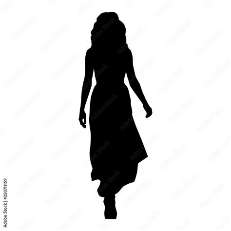 Woman In Long Evening Dress Walking Forward Isolated Vector Silhouette Front View Stock Vector