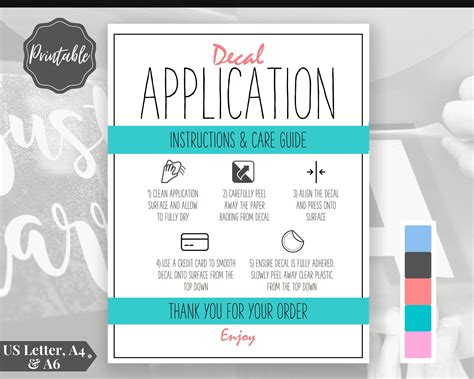 Decal Application Instructions Printable Vinyl Care Card Etsy Uk