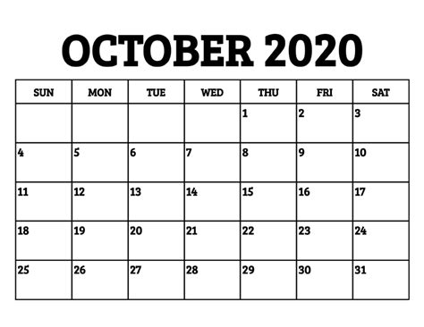 Free October 2020 Calendar Printable Printable Calendar