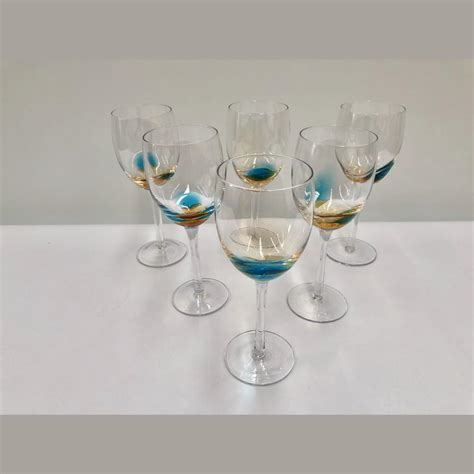 Art Glass Wine Glasses Hand Blown Blue And Honey Colour 6 Pce Afc