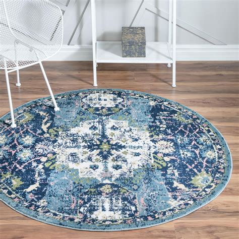 Charleston Collection Rug 5 Ft Round Navy Blue Low Pile Rug