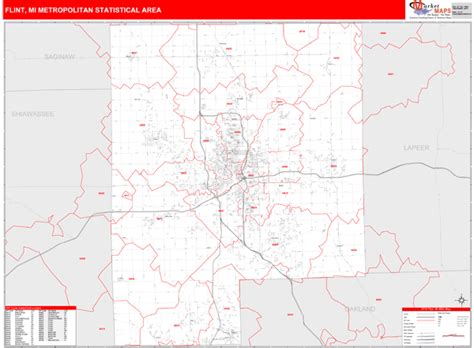 Flint Mi Metro Area Wall Map Red Line Style By Marketmaps