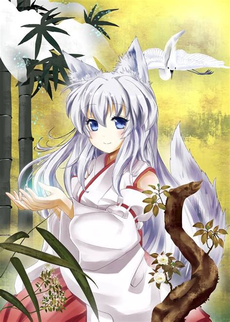 Anime Kitsune Girl White Hair Blue Eyes Fox Ears And Tail Anime Kawaii Anime Girl