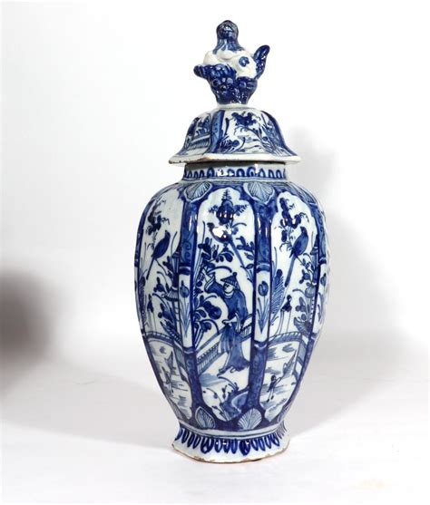Dutch Delft Blue And White Chinoiserie Garniture Of Vases Bada