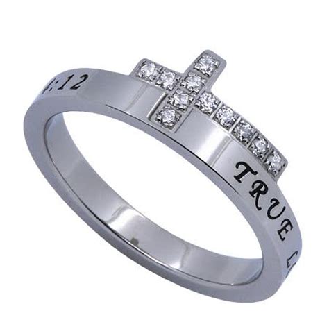 True Love Waits Engraved Bible Verse Sideways Cross Ring With Cz