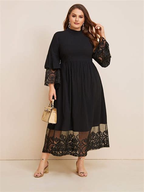 Shein Plus Embroidered Mesh Trim Bell Sleeve Dress Plus Size Outfits