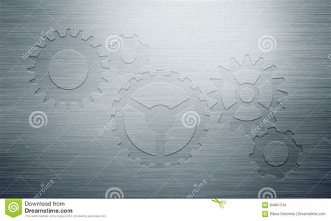Abstract Grey Polished Metal Plate With Stamped Gear Icons Stock Photo