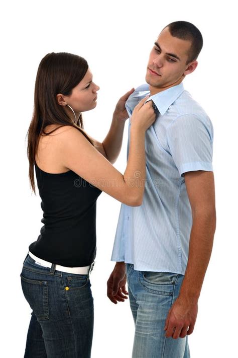 Girl Scolding Boy Grabbing His Collar Isolated Stock Photo Image Of