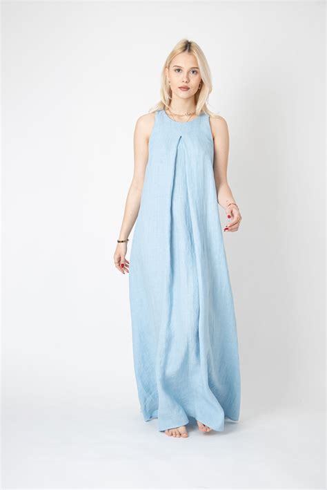 Light Blue Linen Dresshandmade Kaftanminimalist Elegant Etsy