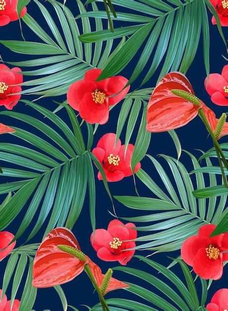 Wektor Tropikalne Kwiaty I Liście Palmowe Wzór Premium Wektor