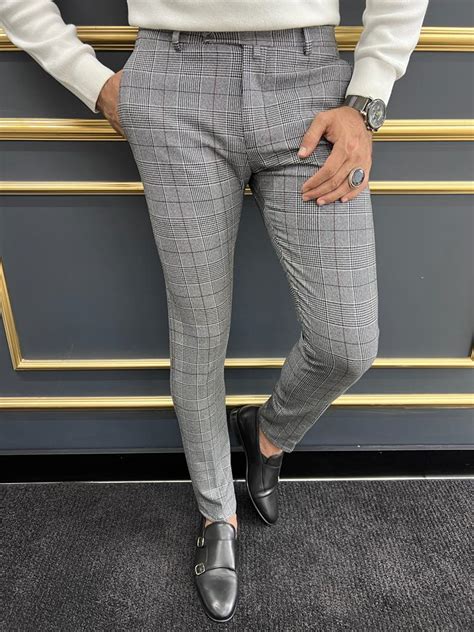 Gray Black Slim Fit Groom Wedding Plaid Pants For Men