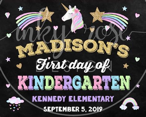 Unicorn First Day Of Kindergarten Sign Printable Back To Etsy