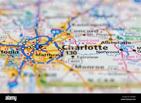 Charlotte North Carolina Usa And Surrounding Areas Shown On A Road Map