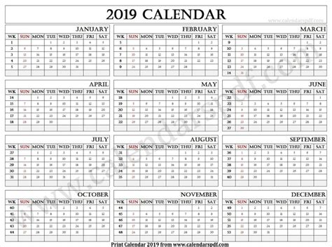 2019 Calendar With Weeks 2019 Calendar Printable Yearly Calendar