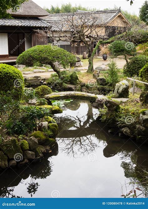 Traditional Japanese Garden With Pond In Samurai Residence Editorial