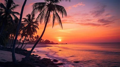 Premium Ai Image A Photo Of A Lilac Sunset Over The Ocean Palm Trees